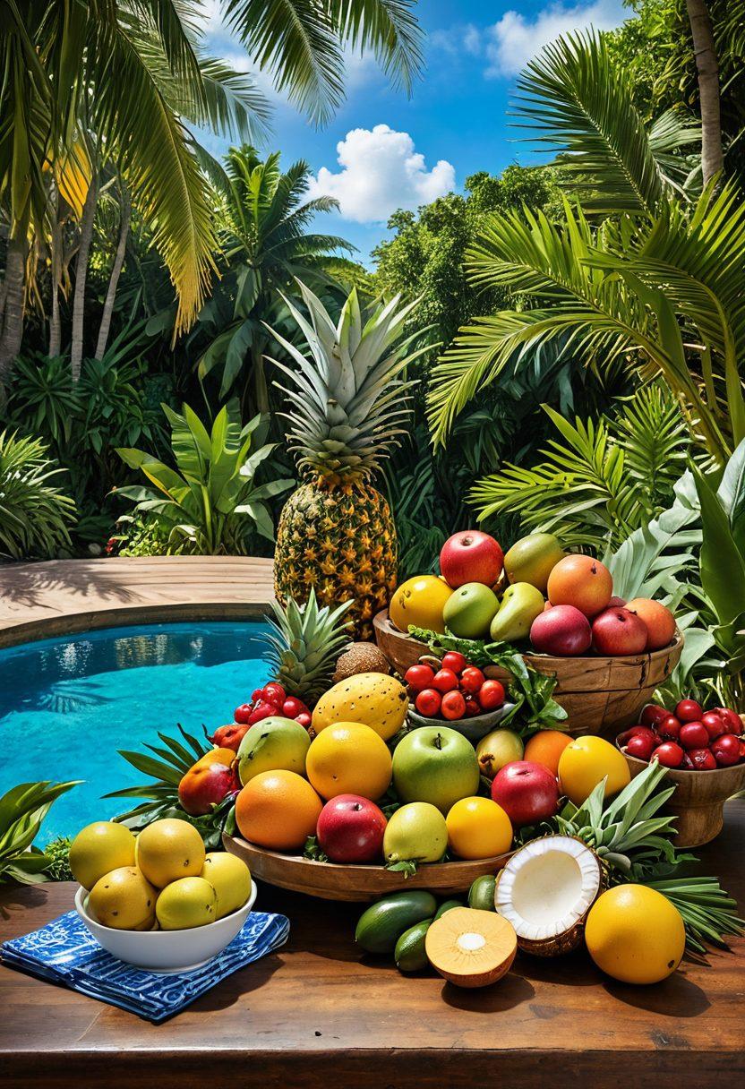 A vibrant tropical scene featuring an array of fresh fruits and vegetables, such as pineapples, mangoes, coconuts, and leafy greens, artfully arranged on a rustic wooden table. In the background, a lush jungle with vivid foliage and a bright blue sky, evoking a sense of health and vitality. Include a stylistic overlay of recipe cards and nutrition facts, blending seamlessly into the tropical landscape. super-realistic. vibrant colors.