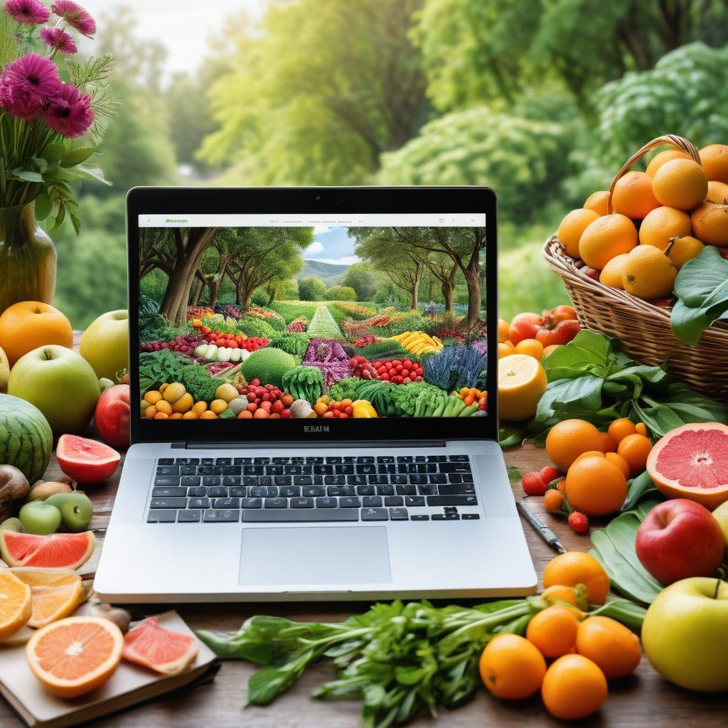 A vibrant collage showcasing an open laptop with a blog on sustainable living, surrounded by fresh fruits and vegetables for culinary inspiration. In the background, a serene nature scene with trees and flowers to represent well-being, and artistic elements like paintbrushes and notebooks scattered around. The composition should evoke a sense of creativity and harmony in nature. vibrant colors. super-realistic.