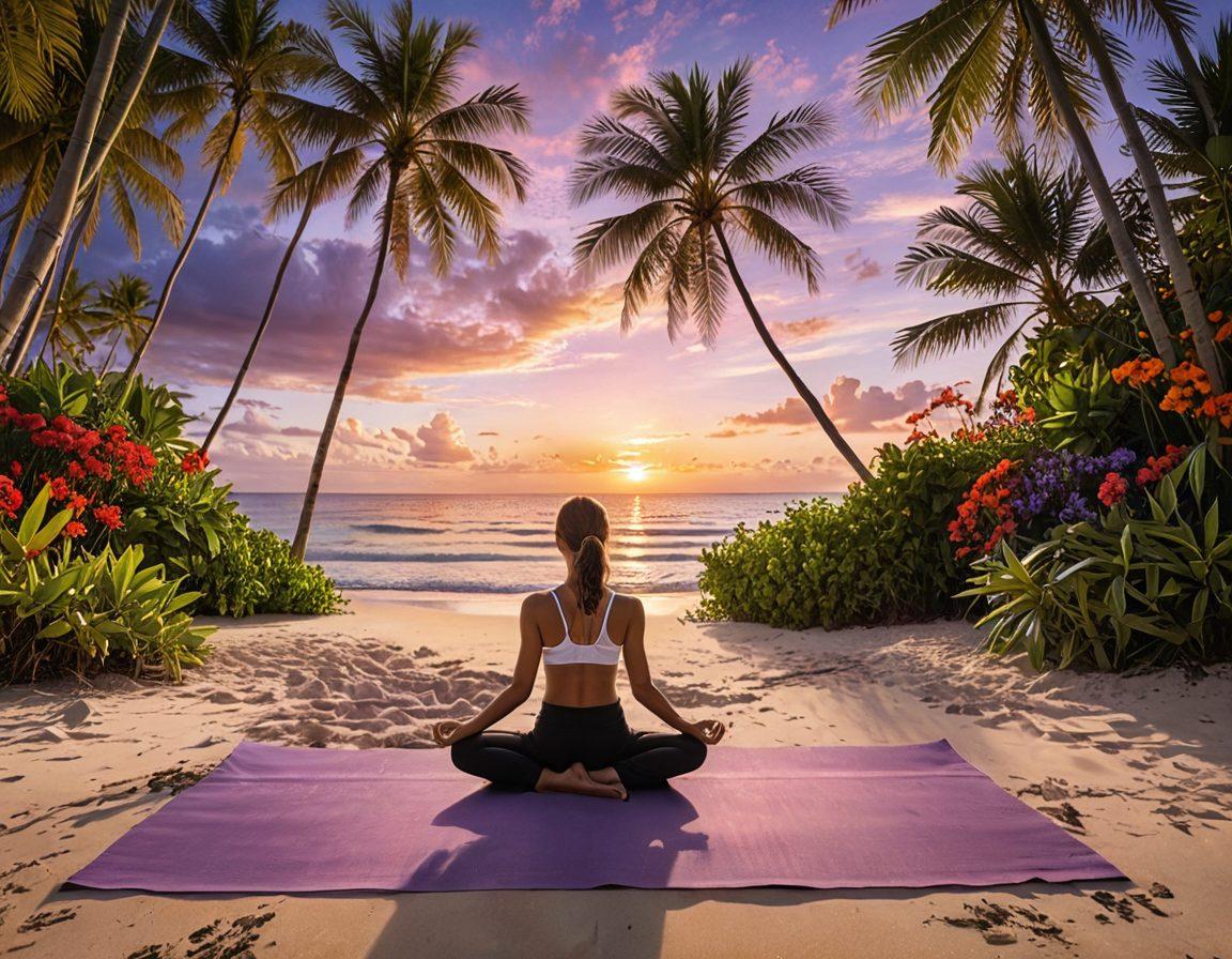A serene tropical beach scene with a person practicing yoga at sunrise, surrounded by lush green palm trees and vibrant flowers. Incorporate elements of healthy foods like coconuts, tropical fruits, and smoothies on a bamboo mat, symbolizing wellness. The sky should be painted in soft pastels, illuminating the peaceful atmosphere. super-realistic. vibrant colors. 3D.